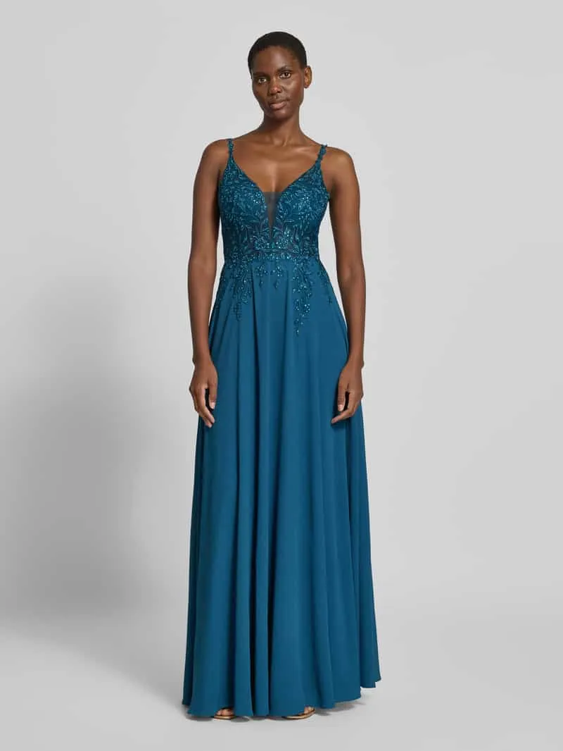 LUXUAR FASHION Avondjurk met stitchings en met siersteentjes Petrol