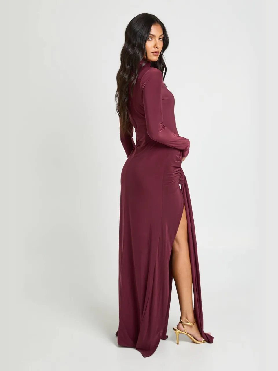 boohoo Dames Zwangerschaps Maxi Jurk Met Lange Mouwen, Knoopdetail En Dijhoge Split pruim, foto 3