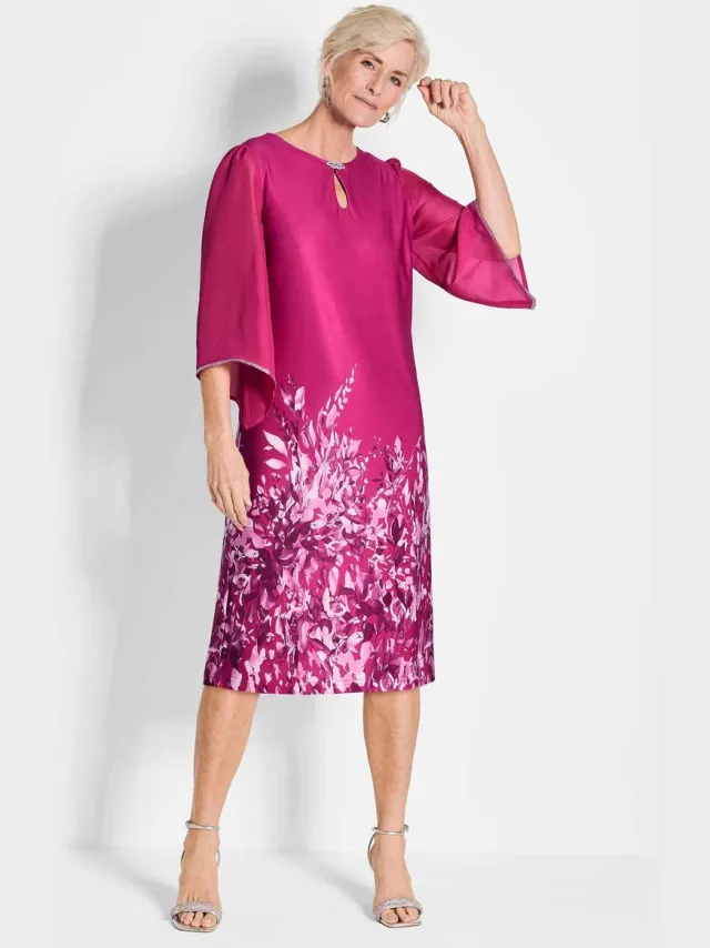 GOLDNER Bedrukte jurk Roze elegante jurk met 3/4-mouwen van chiffon roze / gebloemd