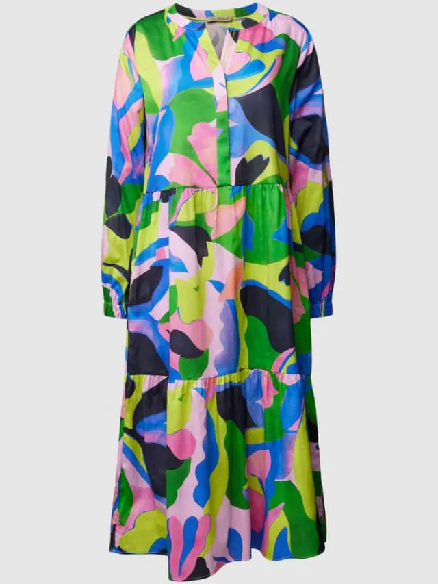 Smith and Soul Midi-jurk met all-over motief, model 'Open Constructed Volant' groen, foto 2