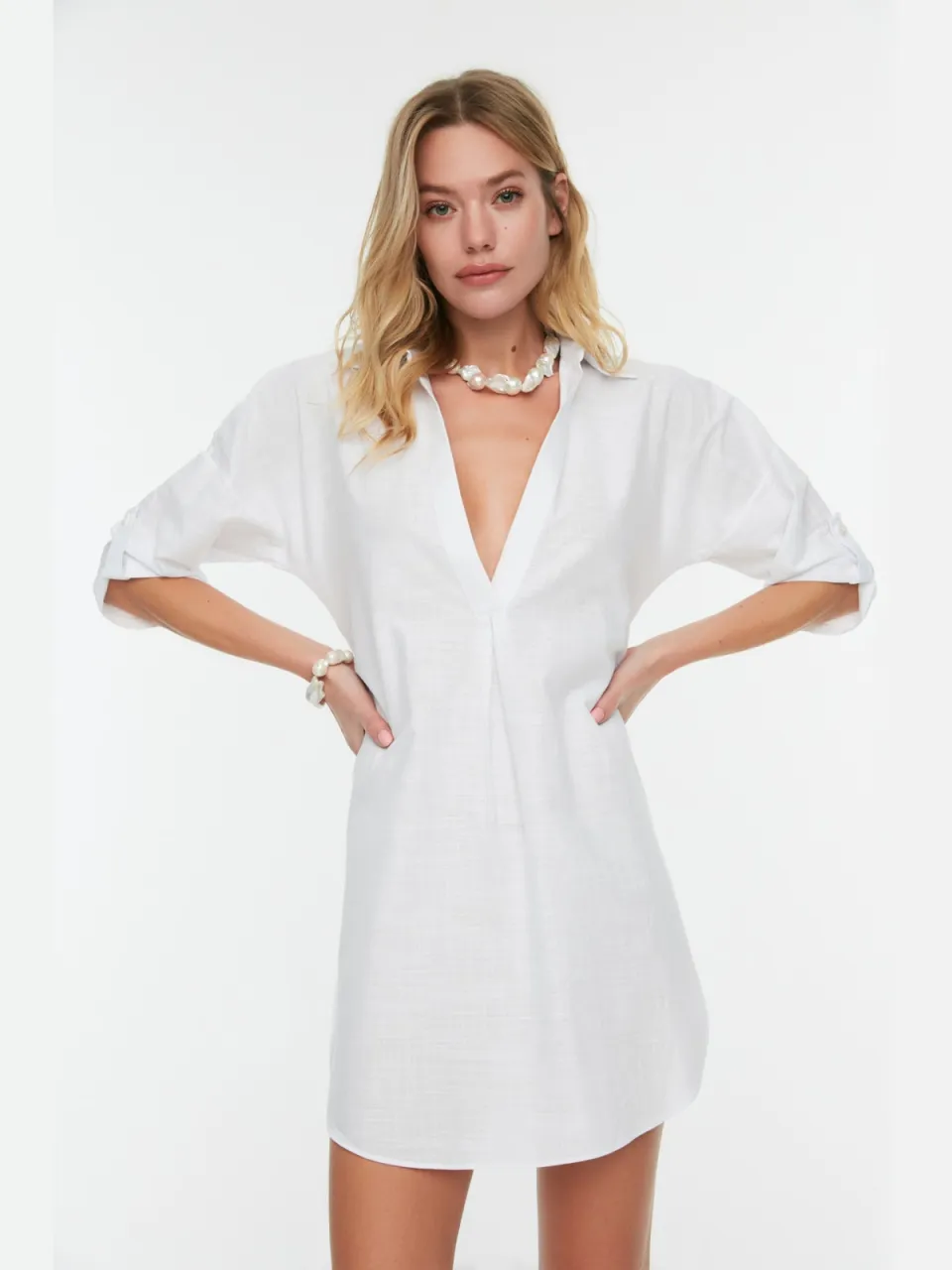 Trendyol TRENDYOLMİLLA Dames Wit Effen Kort / Mini Driekwart mouw Strandkleding Recht Strandjurken