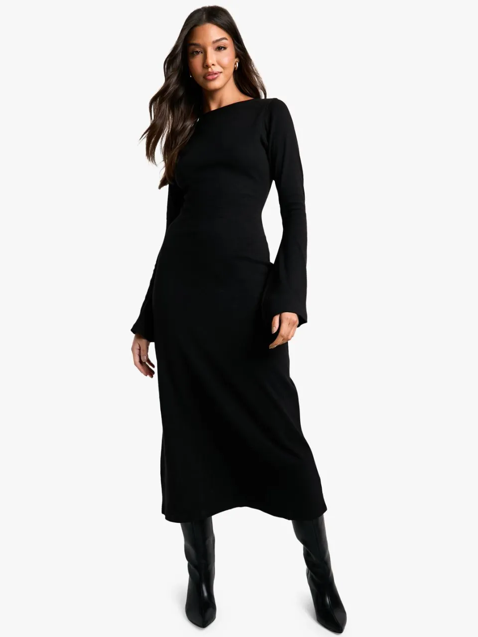 boohoo Dames Rib Tie Back Midaxi-jurk Zwart