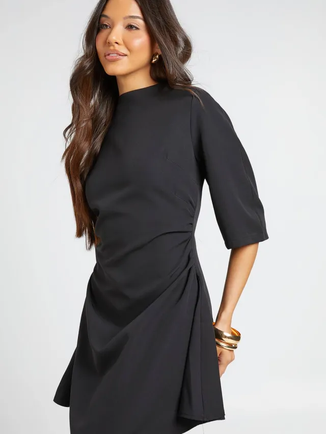 boohoo Dames Shift Jurk Met Gecinchte Taille En Driekwart Mouwen zwart, foto 2