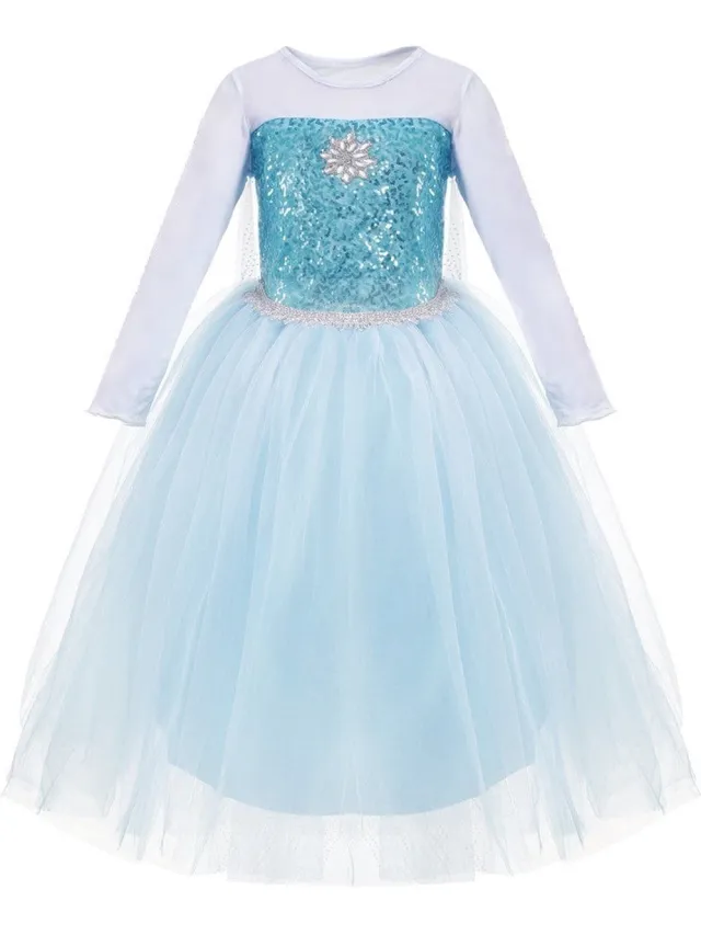 Prinsessendroom Elsa Sneeuwkoningin jurk - 128/134 (8/9 jaar) - Prinsessenjurk - Verkleed kleding - Feestjurk Blauw