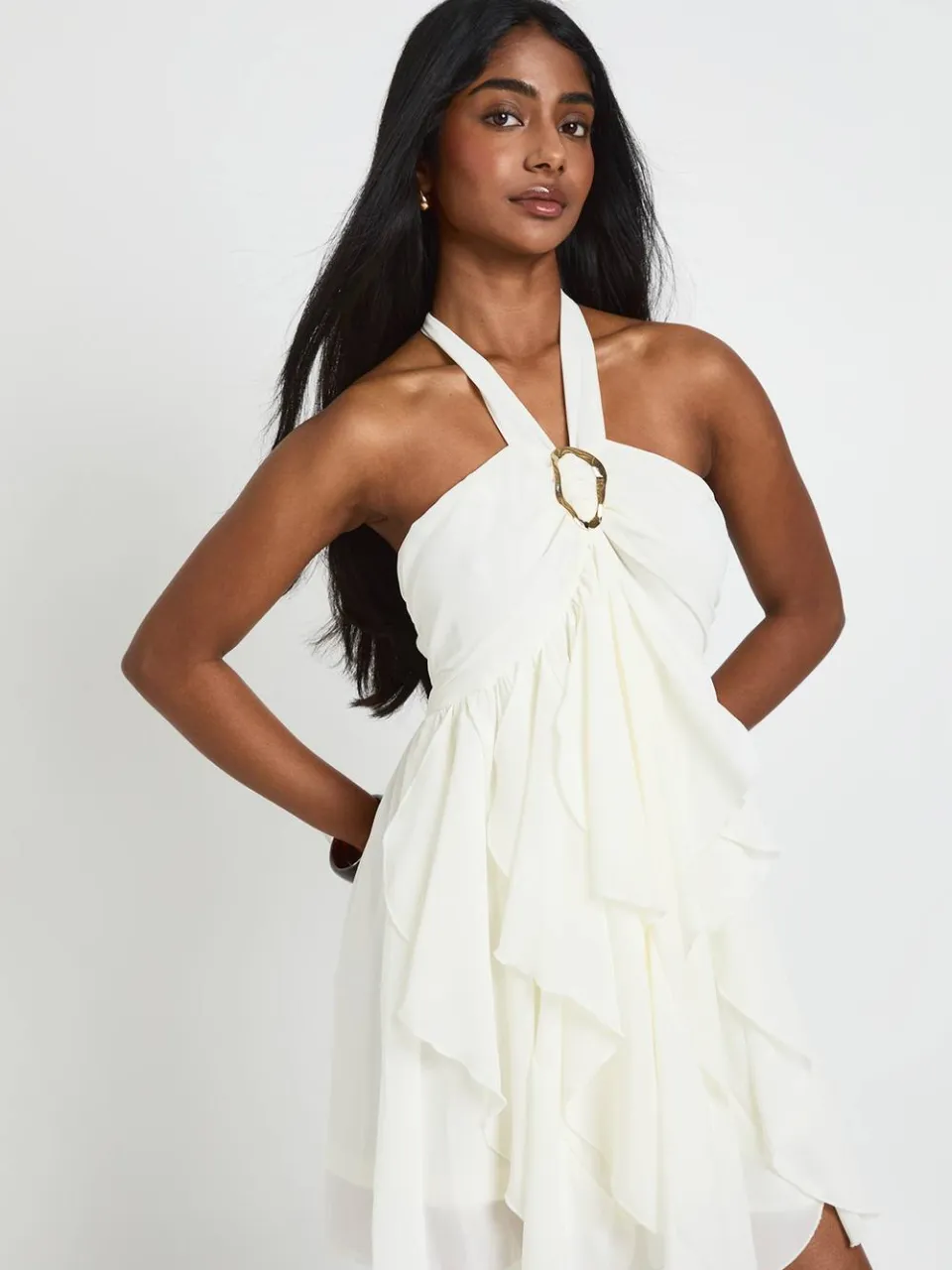 boohoo Dames Chiffon Gelaagde Mini-jurk Met Gouden Afwerking, foto 3