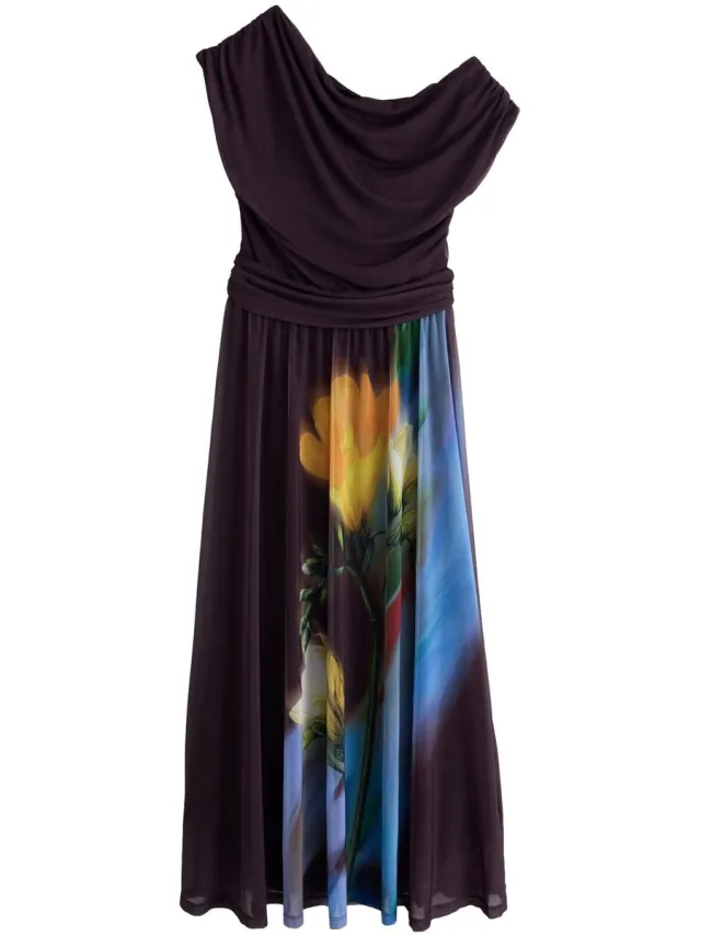 Next Dames - Mesh midi-jurk met blote schouder - Paars Plum/ Yellow Floral Print