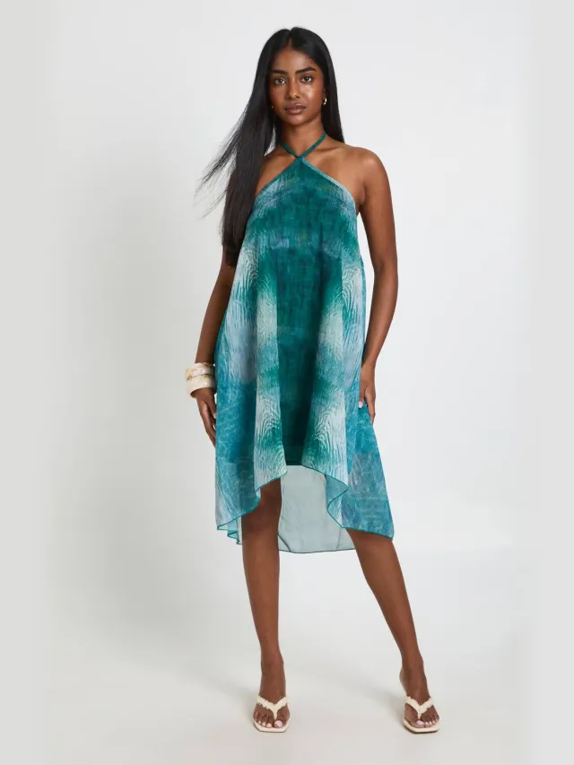 boohoo Dames Bedrukte Chiffon Midi-jurk Met Asymmetrische Zoom Blauw