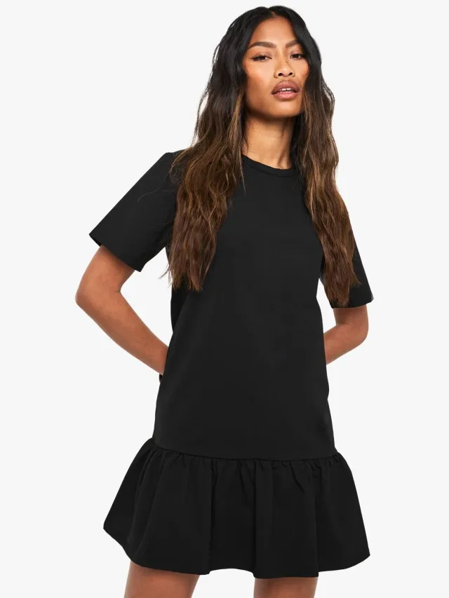 boohoo Dames Frill Hem Smock T-shirt Dress Zwart