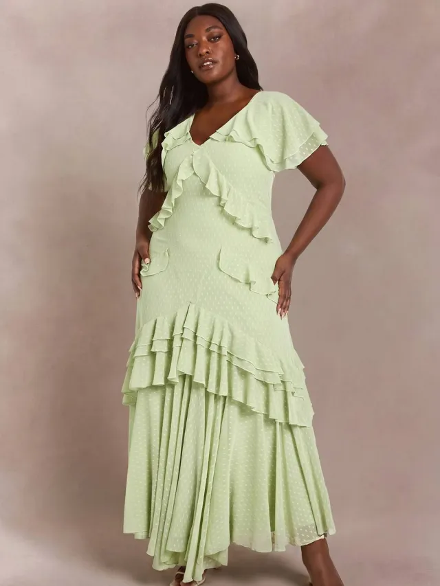 boohoo Dames Plus Dobby Chiffon Maxi Jurk Met Ruches Detail Verstandig
