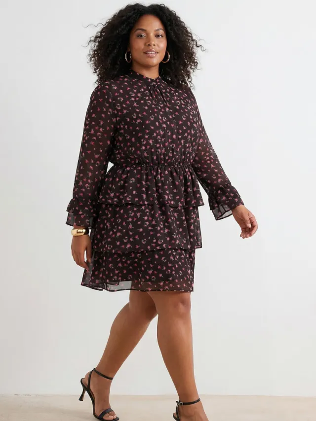 Trendyol Curve Dames Bruin Bloemen Kort / Mini Lang Feest A-lijn Grote maten Jurk