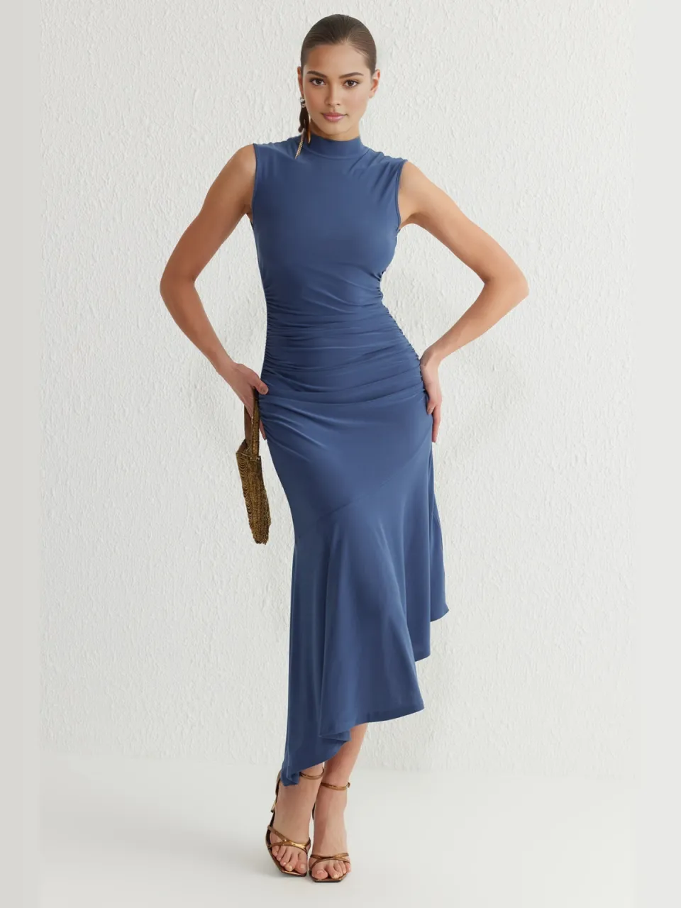 Trendyol TRENDYOLMİLLA Dames Donkerblauw Effen Midi Mouwloos Stijlvol/Avond Asymmetrisch Jurken indigoblauw, foto 2