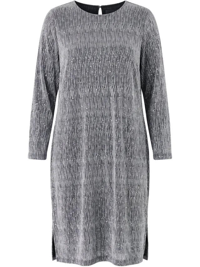 Studio Untold Dames - Jurk oversized glitterjersey lange mouwen zijsplitten - Zilver - Maat 54+