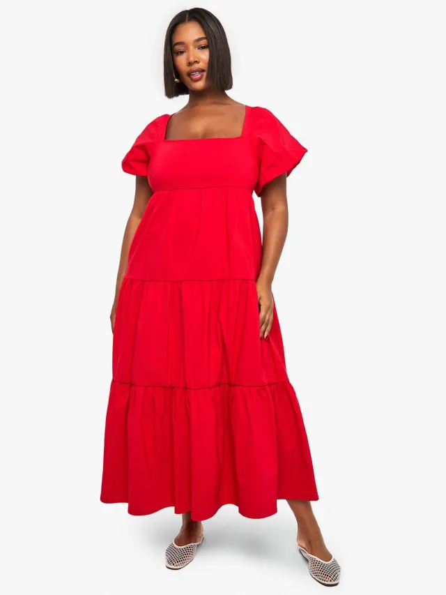 boohoo Dames Plus gelaagde puffmouwen midaxi smock jurk Rood