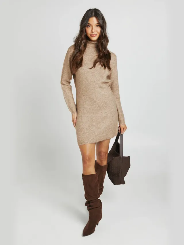 boohoo Dames High Neck Super Soft Gebreide Mini Jurk Hazelnoot