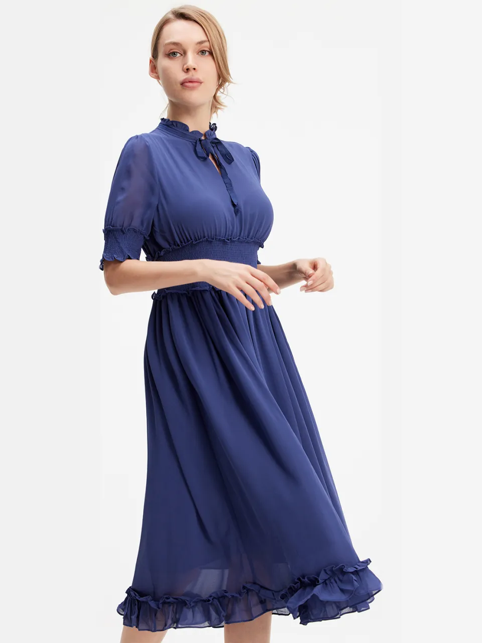 S&J Weekends Chiffon -jurk met korrels en kleine ruches blauw, foto 2