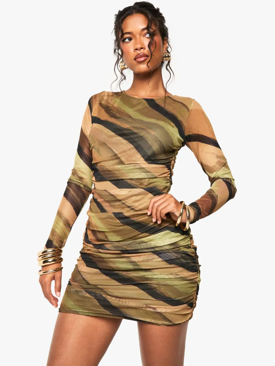 boohoo Dames Abstract Mesh Ruched Mini Jurk olijf, foto 3