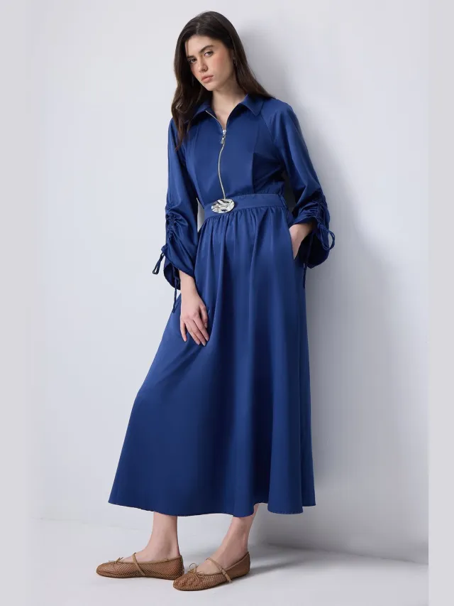 TOUCHÉ PRIVÉ Jurk met rimpelmouwen ve metalen broche - Marine - Dames