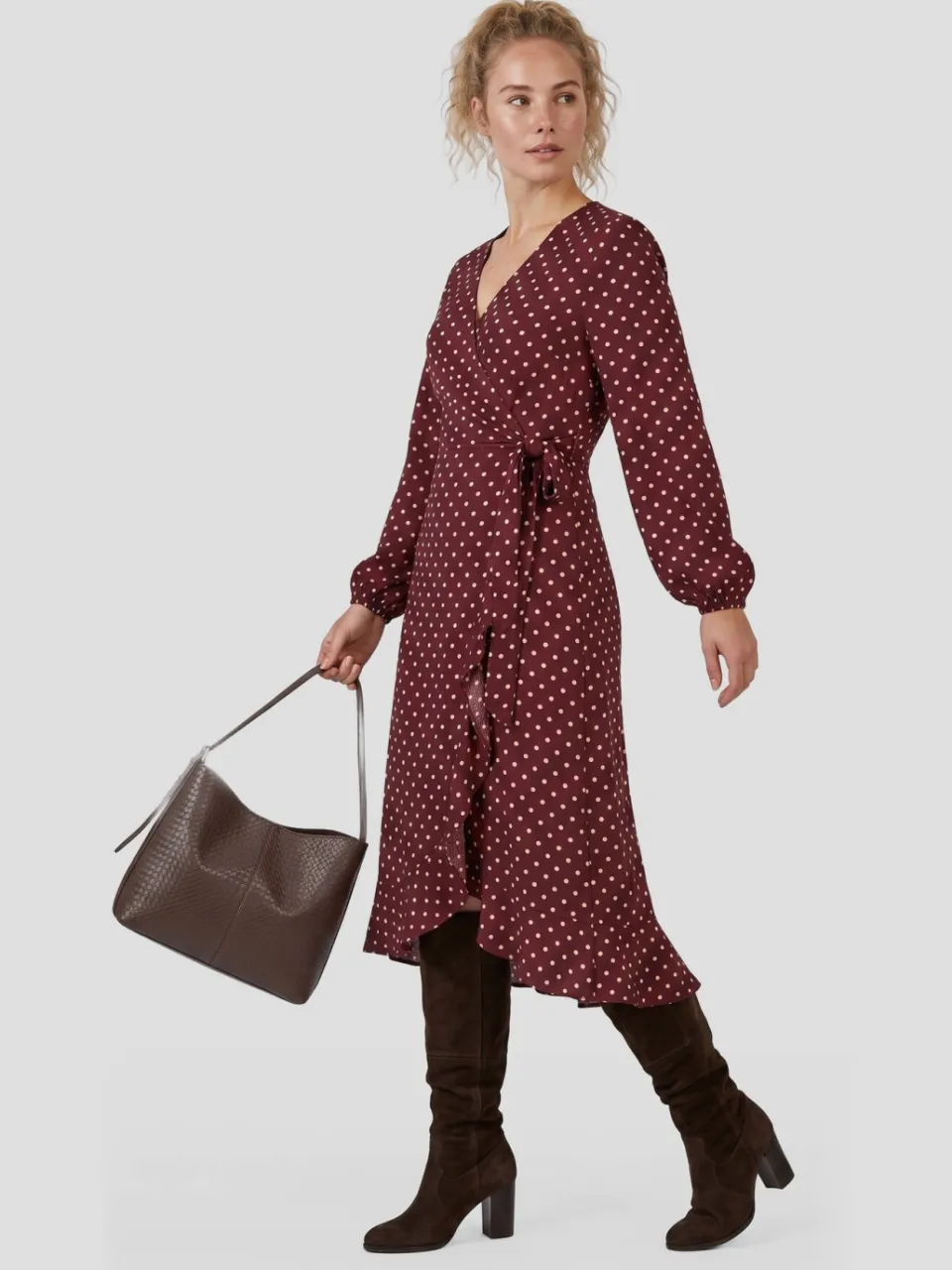 Anytime crinkle overslagjurk met polkadotprint bordeauxrood/roze, foto 3