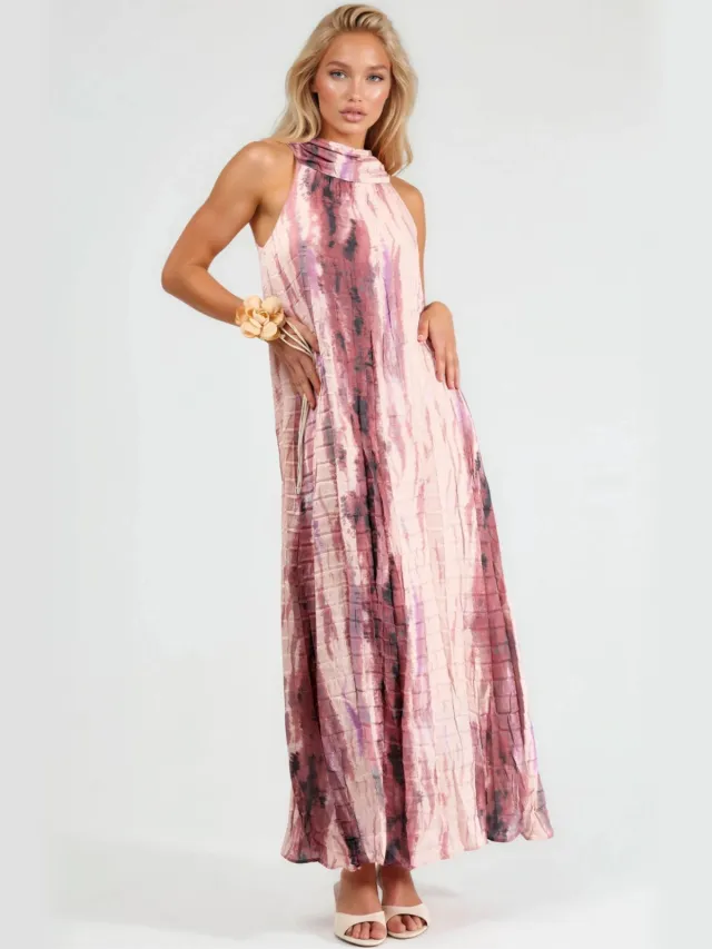 QU Style Textuur Abstract Patroon Maxi Jurk met Halterkraag Blush