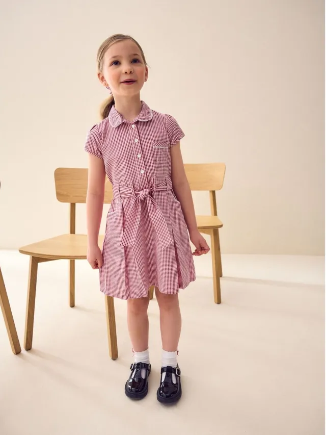 Next Meisjes - Katoenrijke schooljurk met ceintuur en scrunchie - Rood Red Gingham