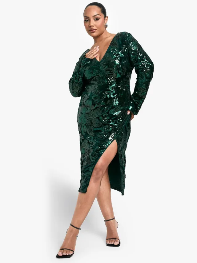 boohoo Dames Plus Velvet Demask Wrap Midi-jurk Smaragdgroen
