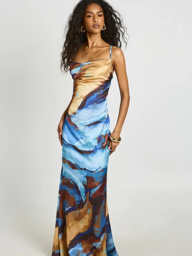 boohoo Dames Tonale Abstracte Print Cowl Neck Satijnen Maxi Jurk Blauw