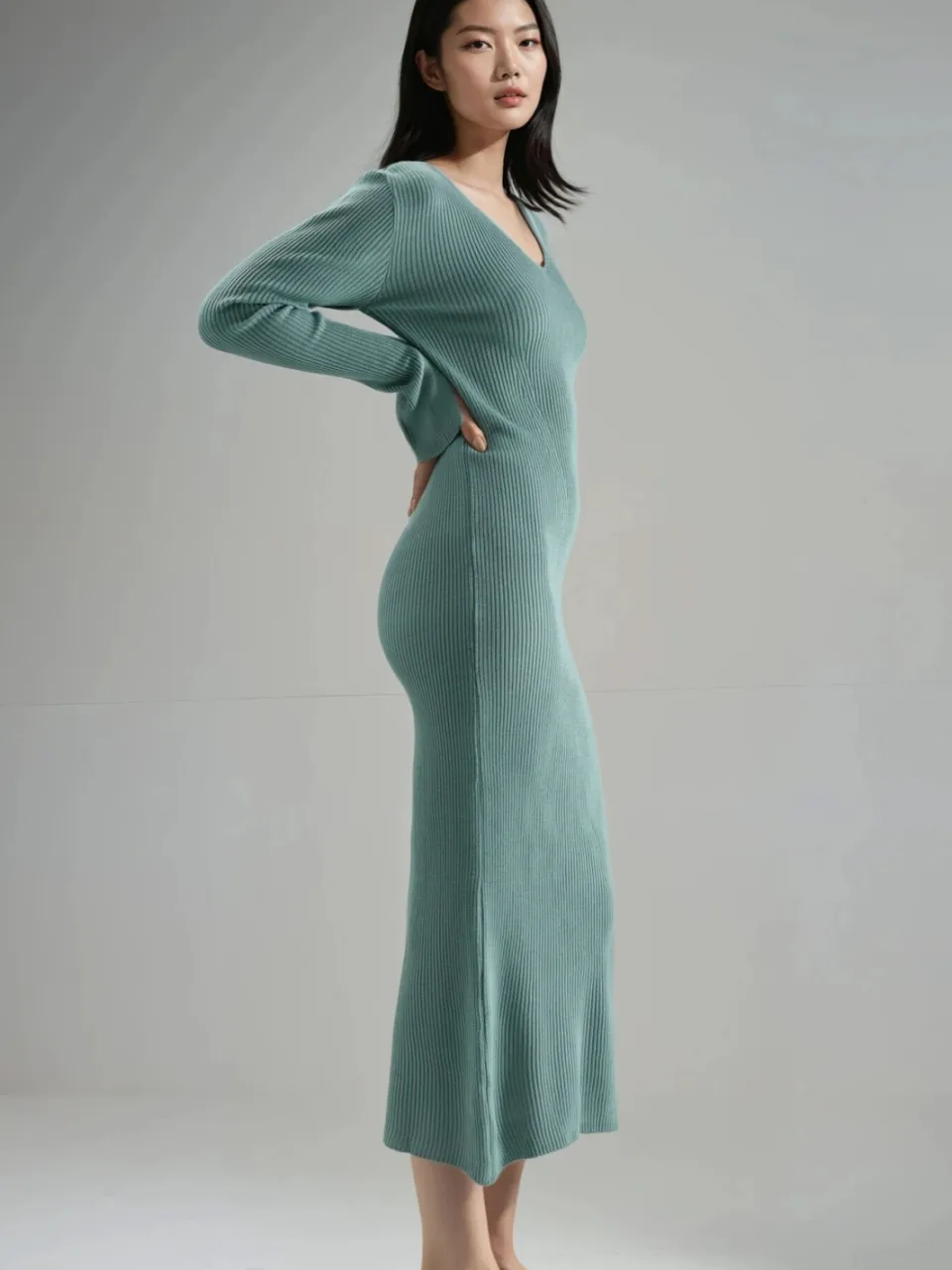MyFashion V-hals Textured Maxi Brei Jurk met Splits mint, foto 2