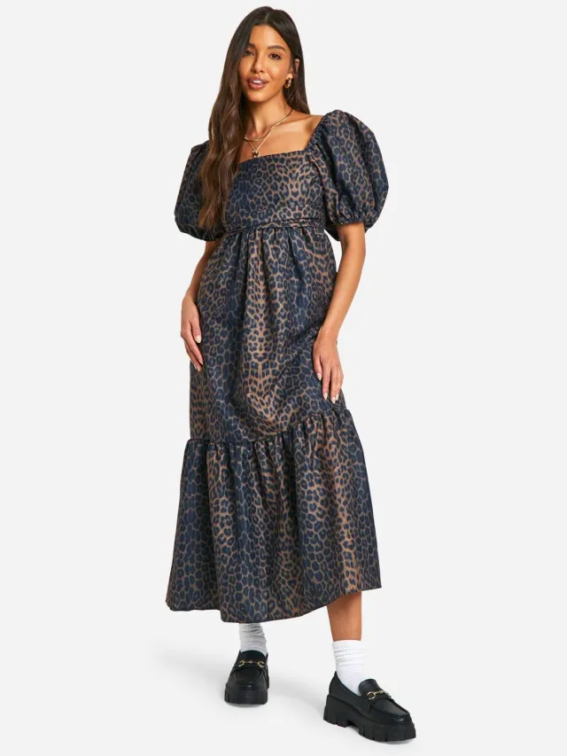 boohoo Dames Leopard Volumineuze Pofmouwen Midaxi Jurk Bruin