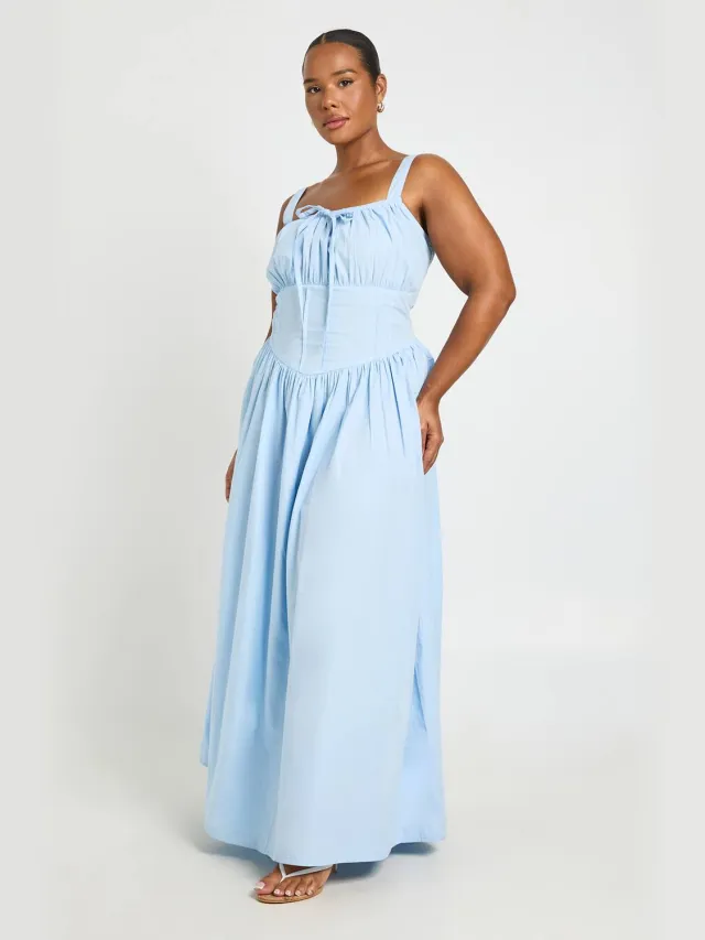 boohoo Dames Plus Maxi Skater Jurk Met Gestructureerd Lijfje Detail En Strikje Vooraan Babyblauw