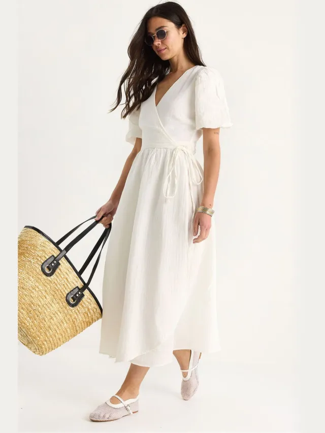 Bianco Lucci Gestructureerde V-hals Midi-jurk met Wikkelsluiting Beige