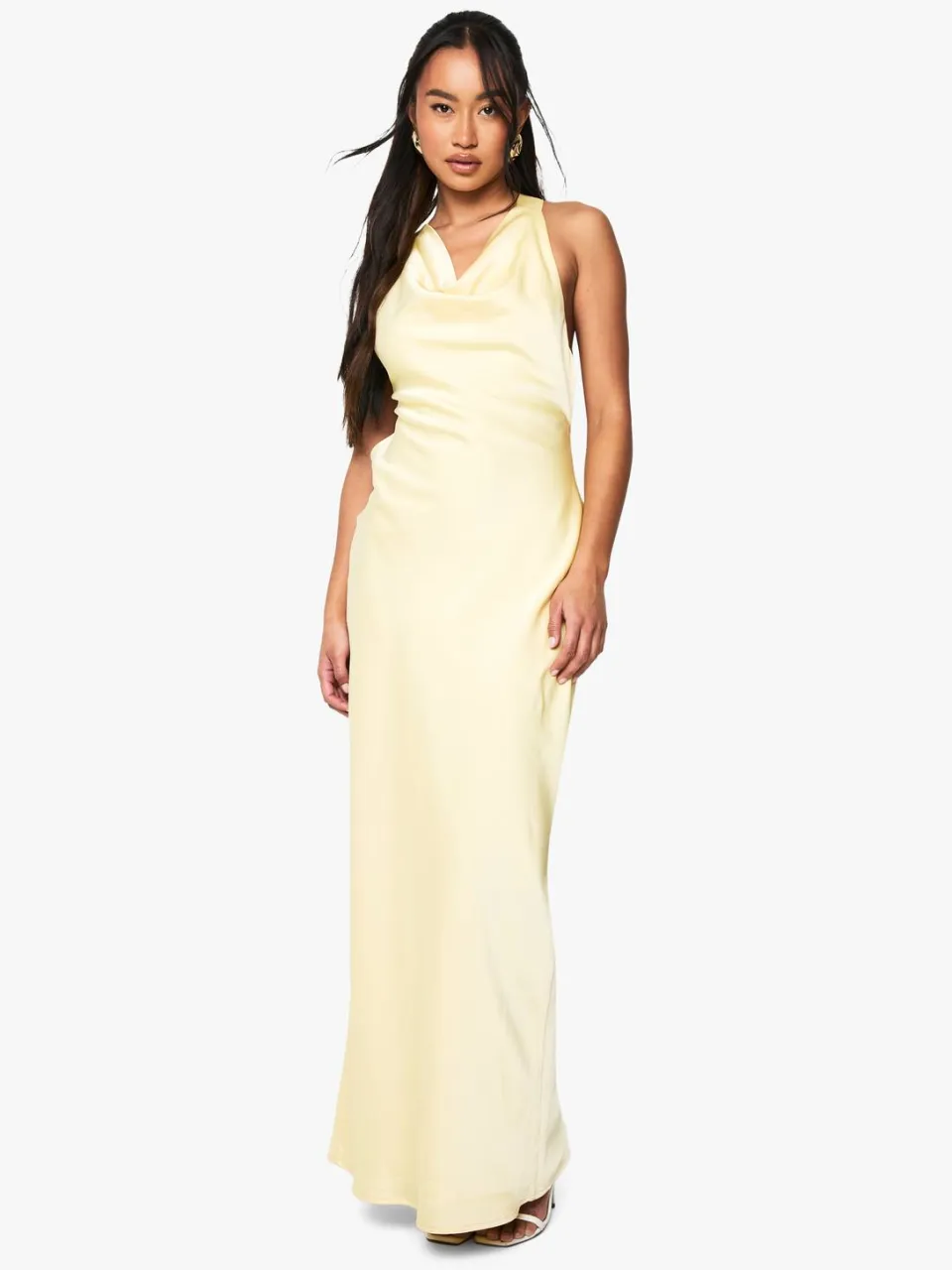 boohoo Dames Drape Back Satin Maxi Jurk Citroen