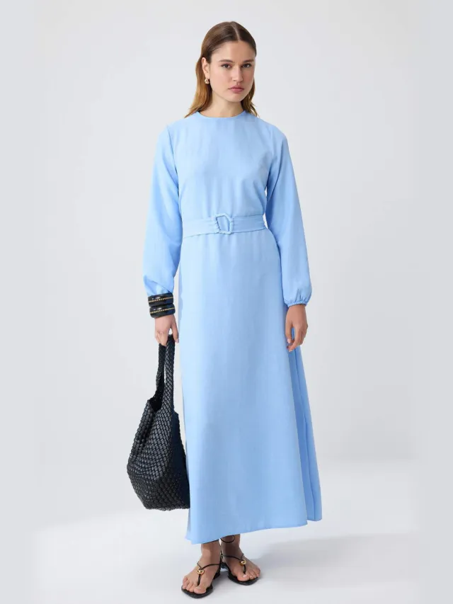 Trendyol Modest Dames Blauw Effen Maxi Lang Casual Skater Modest Jurken