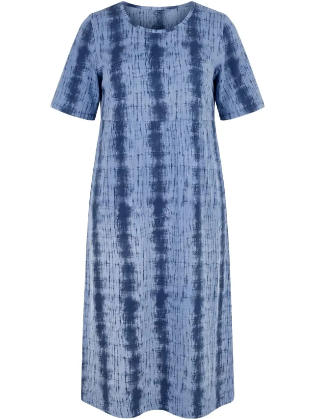 Ulla Popken Dames - Midi-jurk tie-dye strepen A-lijn ronde hals korte mouw - Inktblauw - Maat 42+