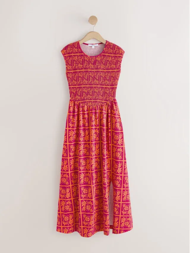 Next Dames - Midi-jurk met kapmouwtjes en gerimpelde jersey body - Roze Pink Floral Print