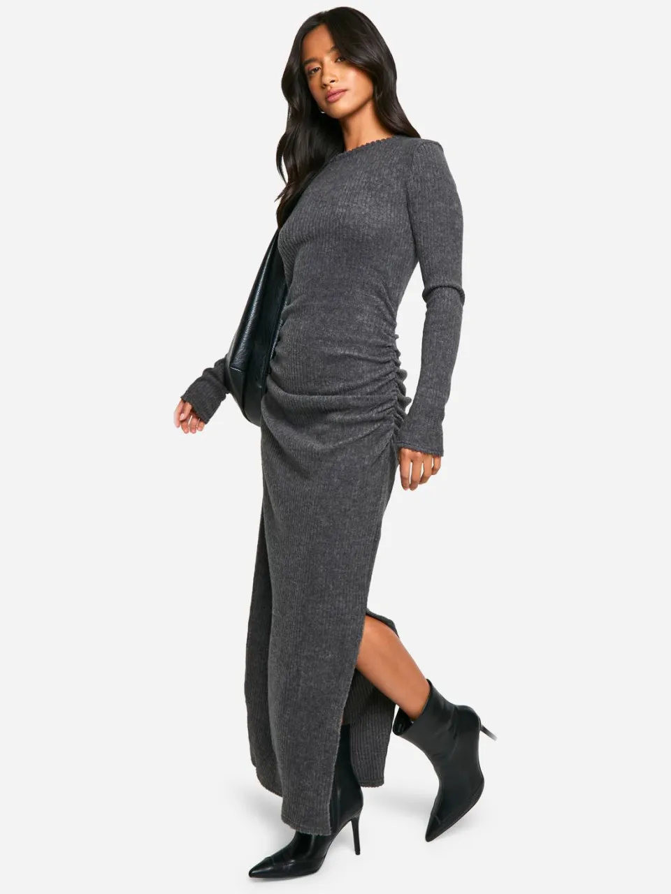 boohoo Dames Petite Geborstelde Rib Maxi-jurk met Lange Mouwen Houtskool