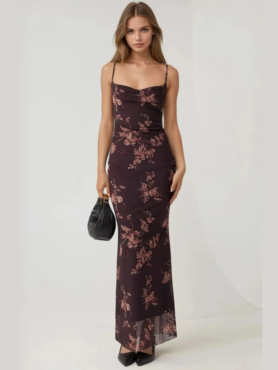 Hiccup Geprinte Bodycon Maxi Tulle Jurk mokka