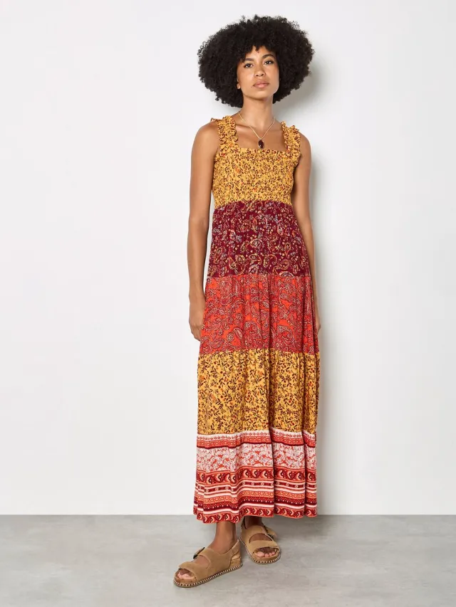 Apricot Maxi-jurk met bloemenprint en patchwork Orange