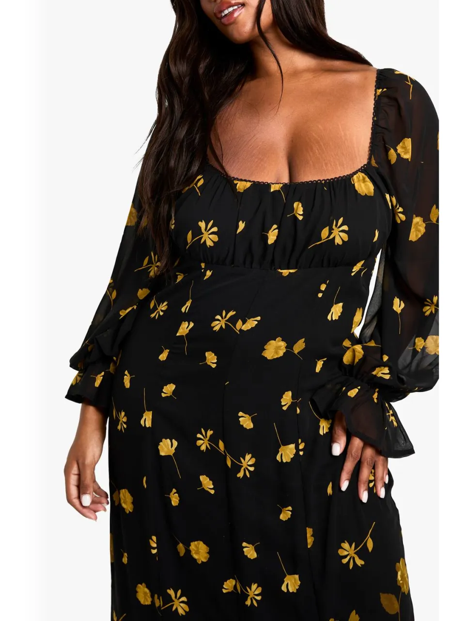 boohoo Dames PLUS LONG SLEEVE SMOCK MAXI JURK zwart, foto 3