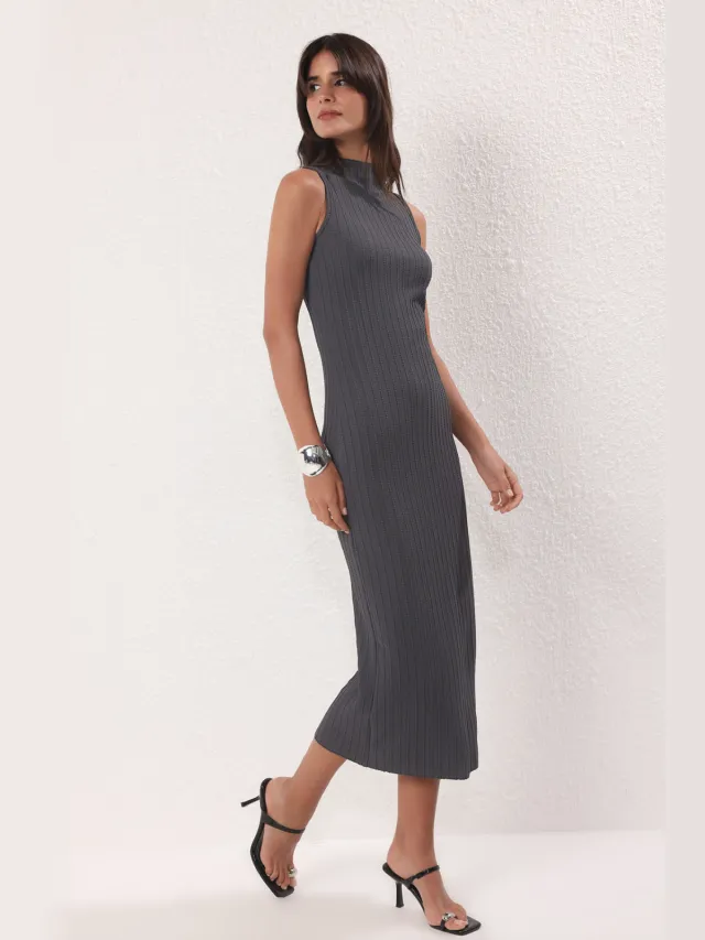 Trendyol TRENDYOLMİLLA Dames Grijs Effen Maxi Mouwloos Casual Bodycon Jurken