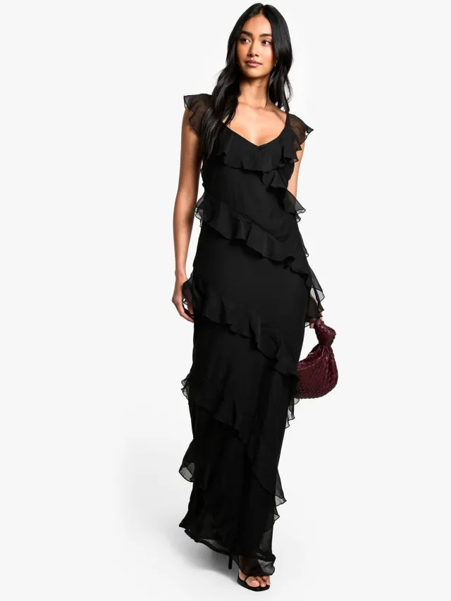 boohoo Dames Chiffon Maxi-jurk met Ruffles en Bandjes Zwart