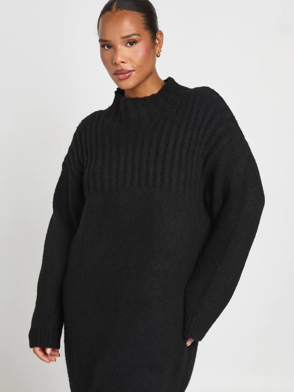boohoo Dames Plus Hoogsluitende Oversized Gebreide Mini-trui Jurk zwart, foto 3