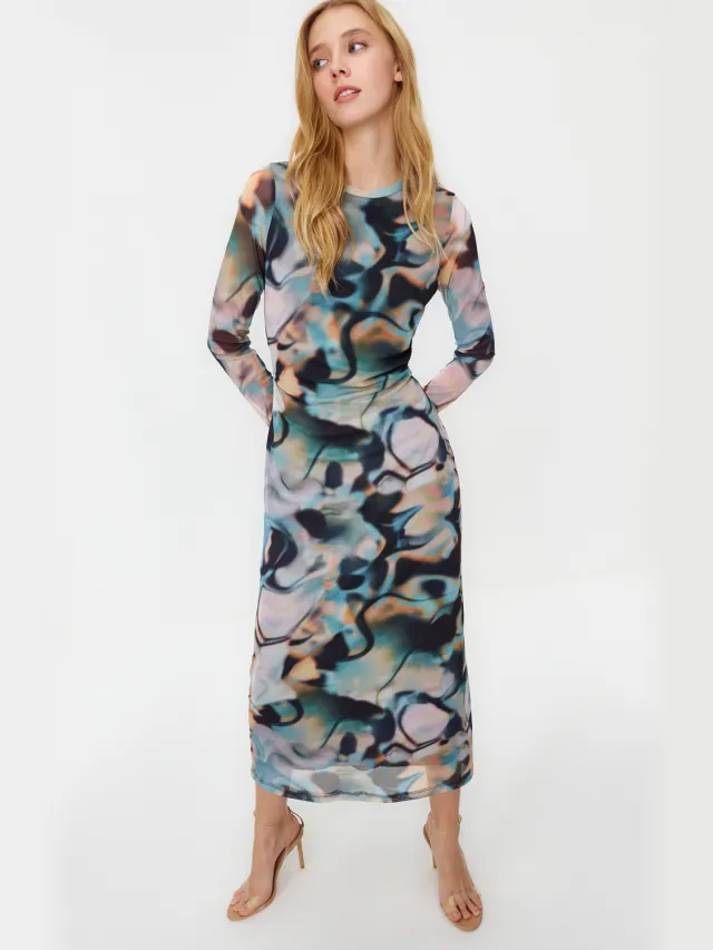 Trendyol TRENDYOLMİLLA Dames Blauw Abstract Midi Lang Casual Bodycon Jurken