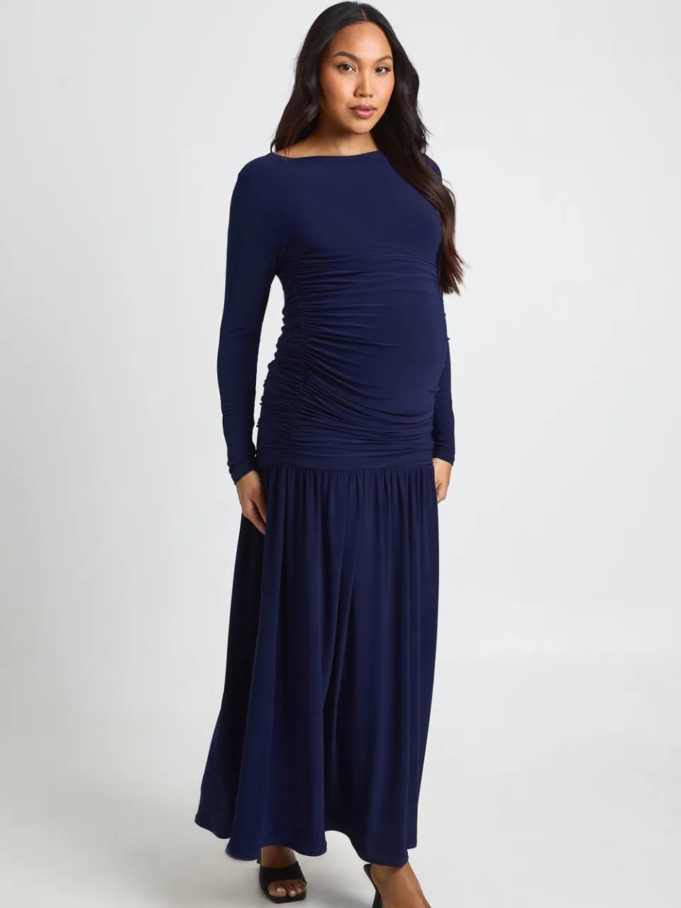 boohoo Dames Zwangerschaps Zachte Geplooid Maxi Jurk Met Lange Mouwen marineblauw, foto 3