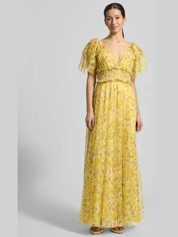 Lace & Beads Avondjurk van tule met V-hals Lichtgeel