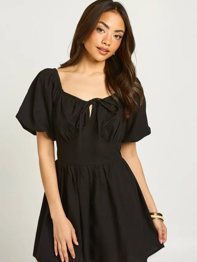 boohoo Dames Mini-jurk Met Linnenlook En Volumineuze Mouwen Zwart