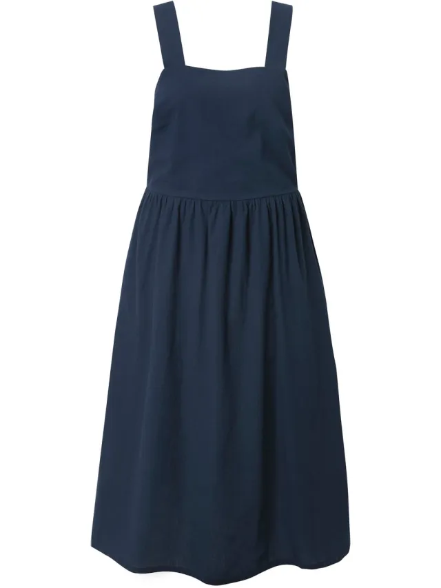 Ulla Popken Dames - Maxi-jurk gedeeltelijk linnen mouwloos zakken - Marine - Maat 42+
