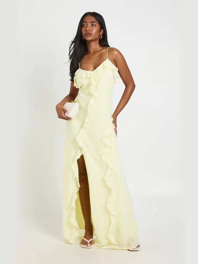 boohoo Dames Chiffon Maxi Jurk Met Ruche Detail Citroen