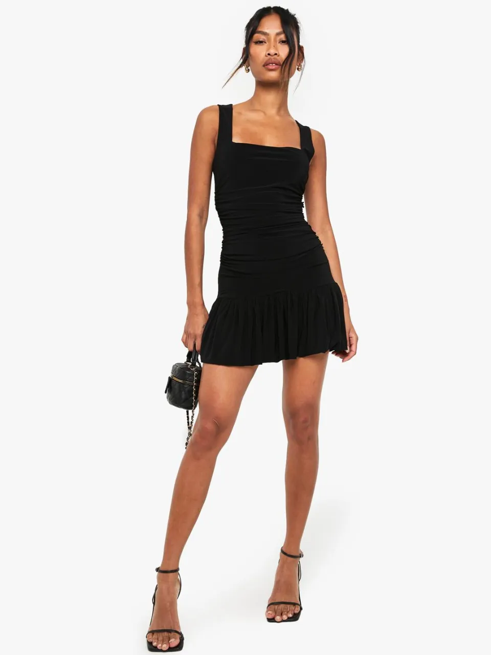 boohoo Dames Slinky square hals geraffeld detail geplooide mini-jurk zwart, foto 2