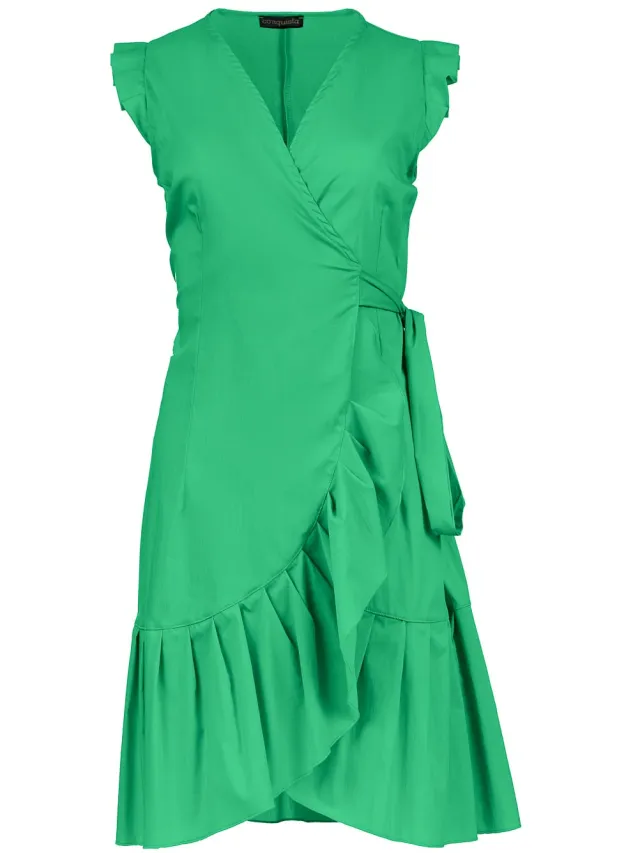 Conquista Groene mouwloze wikkeljurk met ruches in viscose poplin