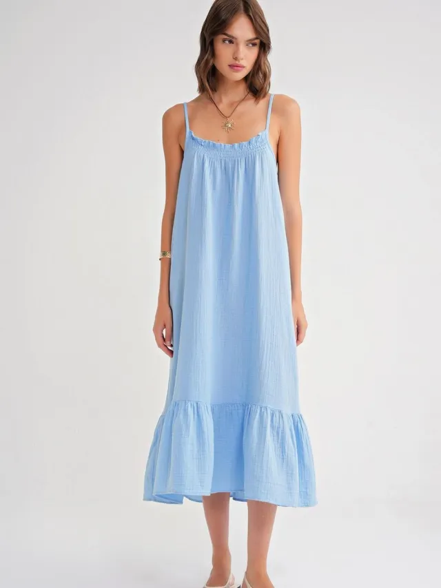 Mixray Midi Muslin Jurk met Rimpeldetail Lichtblauw